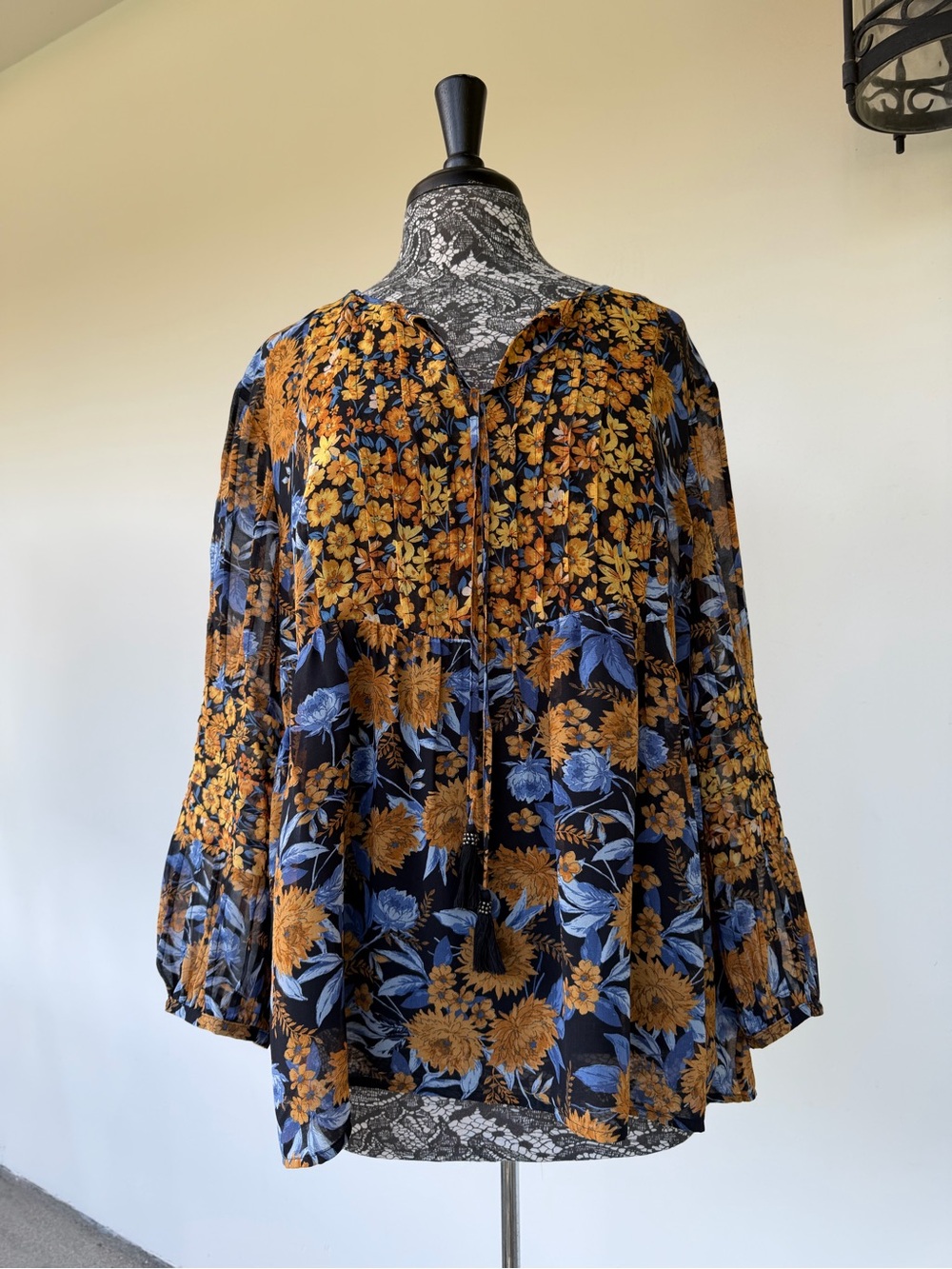 Boho Floral Peasant Blouse by Daniel Rainn in Blue and Mustard size XXL
